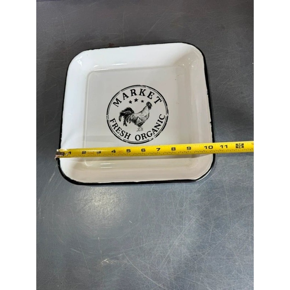 White enameled metal square Rooster serving tray